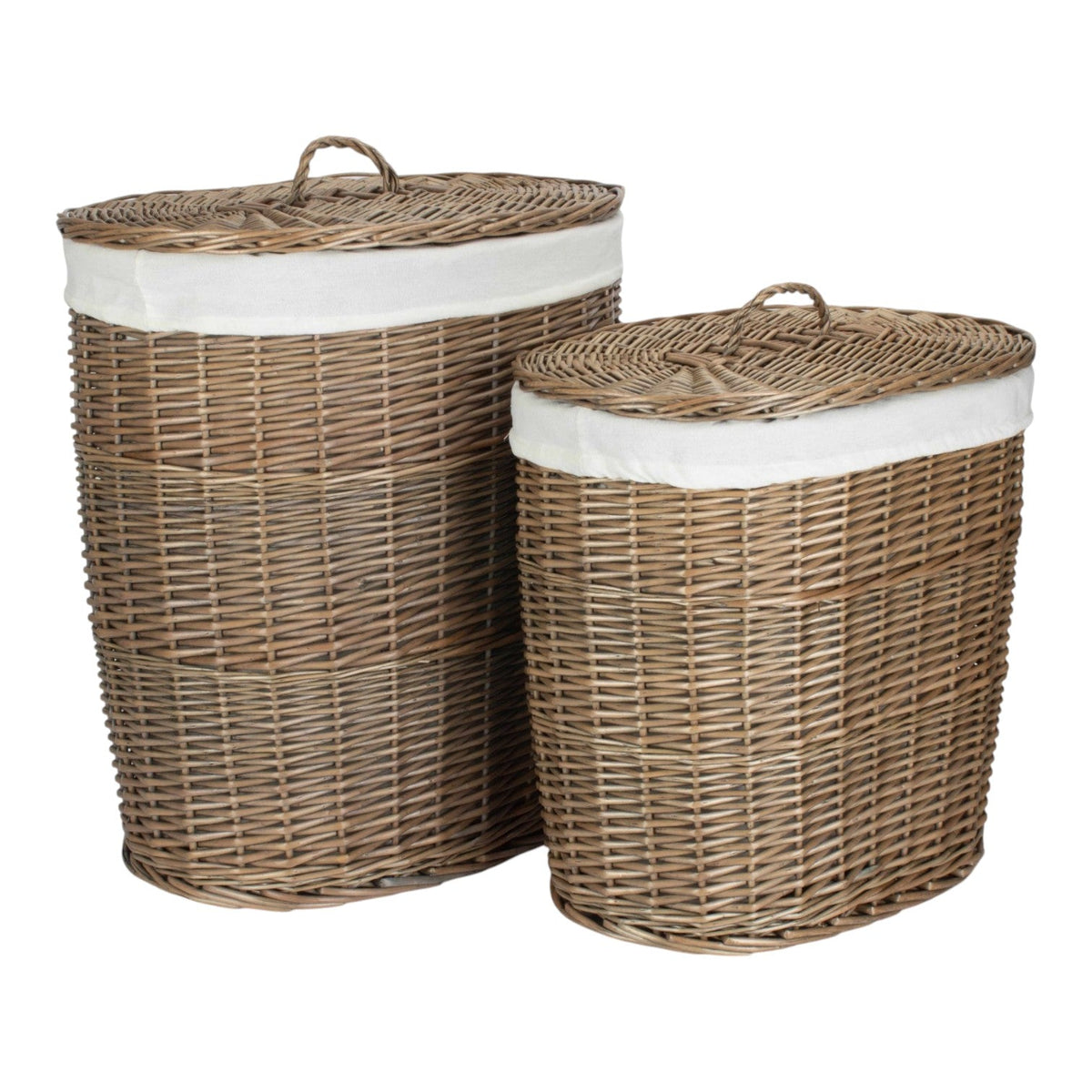 Antique Wash White Cotton Lined Oval Willow Laundry Basket