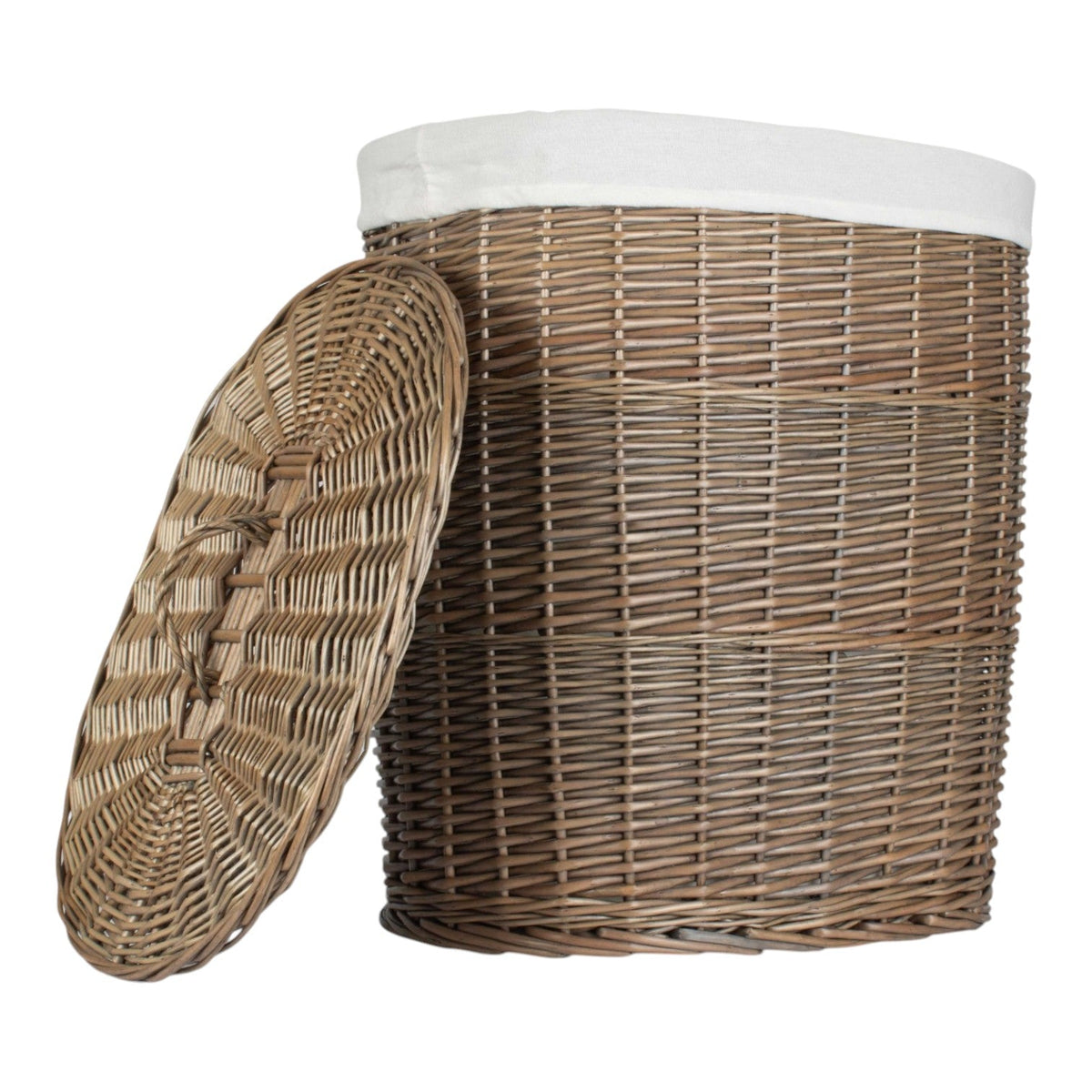 Antique Wash White Cotton Lined Oval Willow Laundry Basket