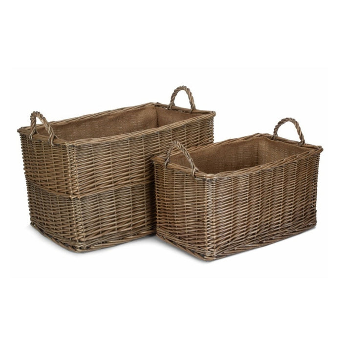 Red Hamper Antique Wash Rectangular Hessian Lined Wicker Log Basket