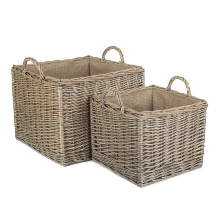 Red Hamper Antique Wash Square Hessian Lined Wicker Log Basket