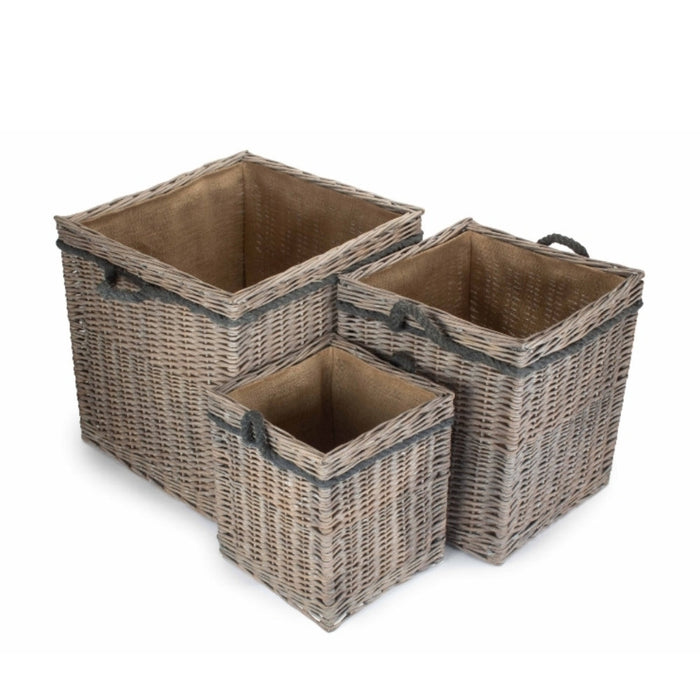 Red Hamper Wicker Grey Wash Square Hessian Lined Log Basket