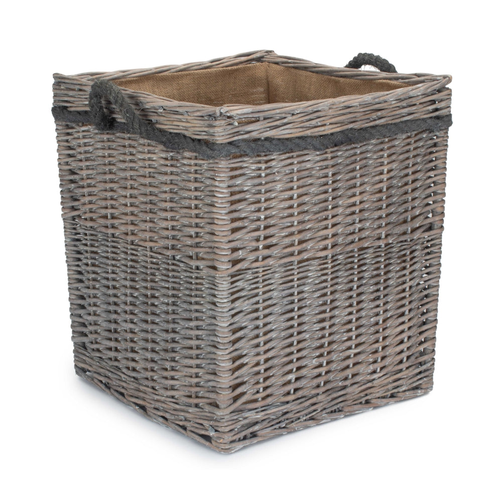 Wicker Grey Wash Square Hessian Lined Log Basket