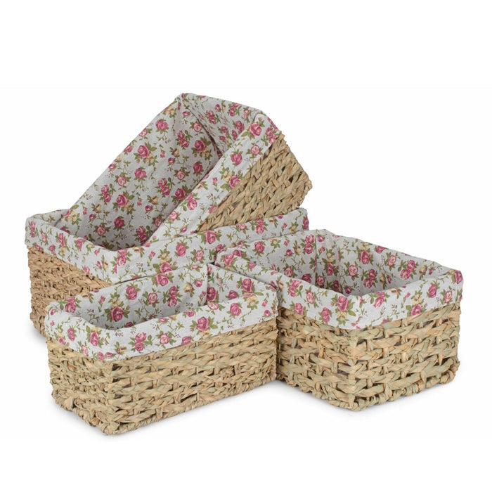 Red Hamper Thatch Grass Woven Storage Basket with Garden Rose Cotton Lining