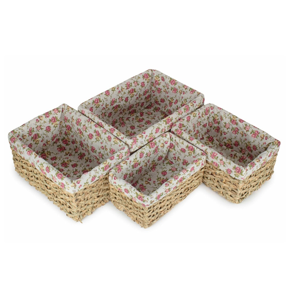 Red Hamper Thatch Grass Woven Storage Basket with Garden Rose Cotton Lining