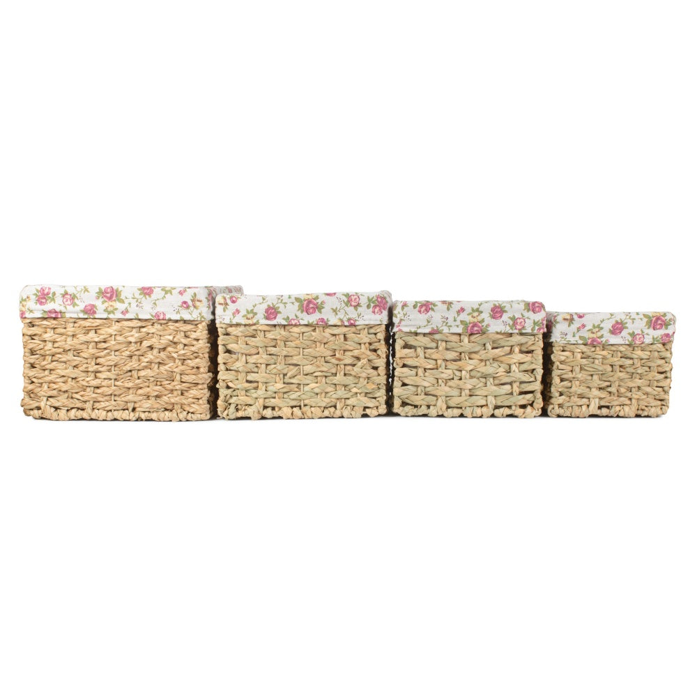Red Hamper Thatch Grass Woven Storage Basket with Garden Rose Cotton Lining