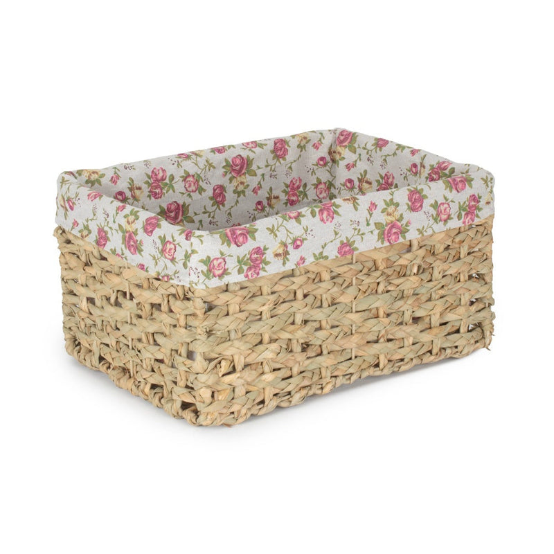 Thatch Grass Woven Storage Basket with Garden Rose Cotton Lining