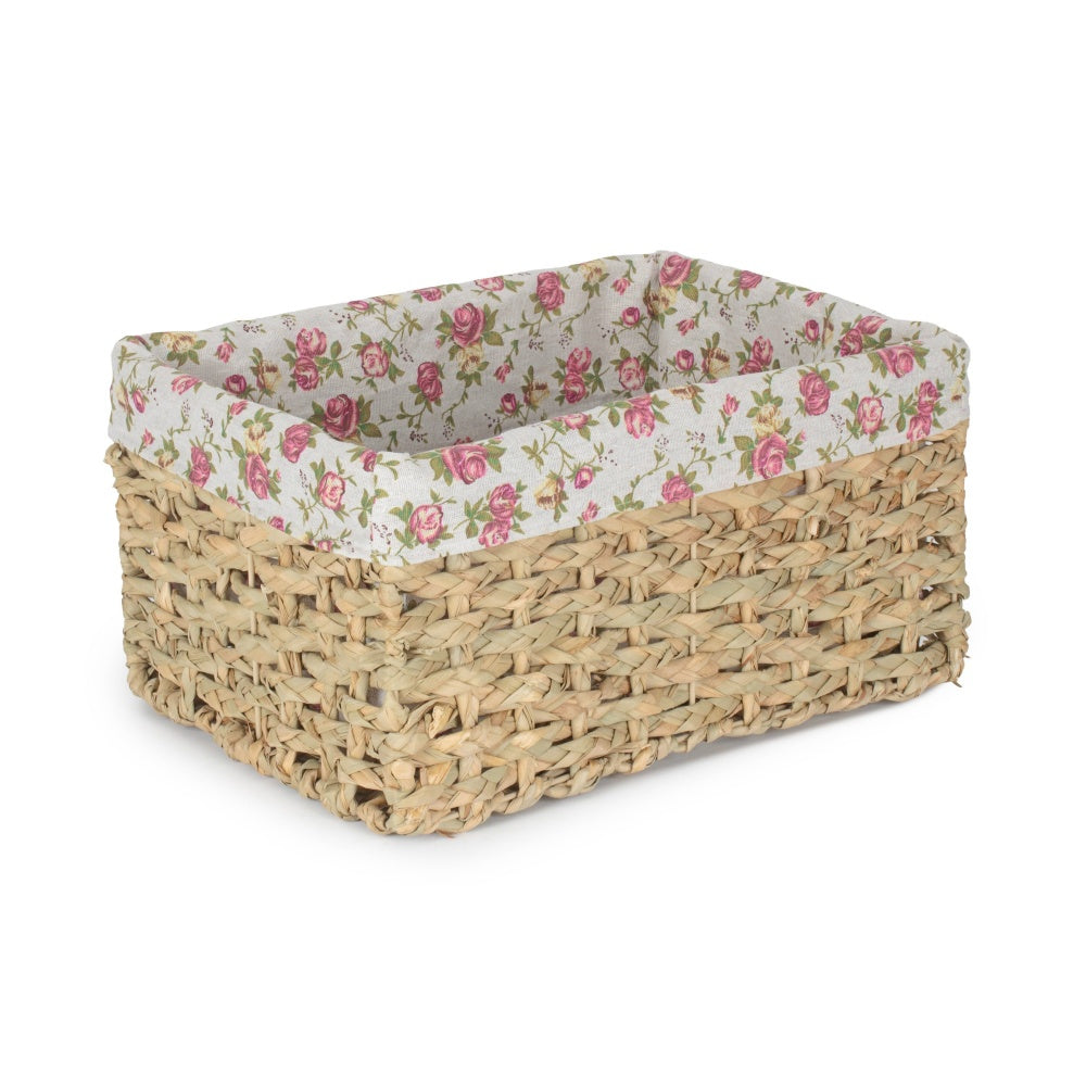 Red Hamper Thatch Grass Woven Storage Basket with Garden Rose Cotton Lining