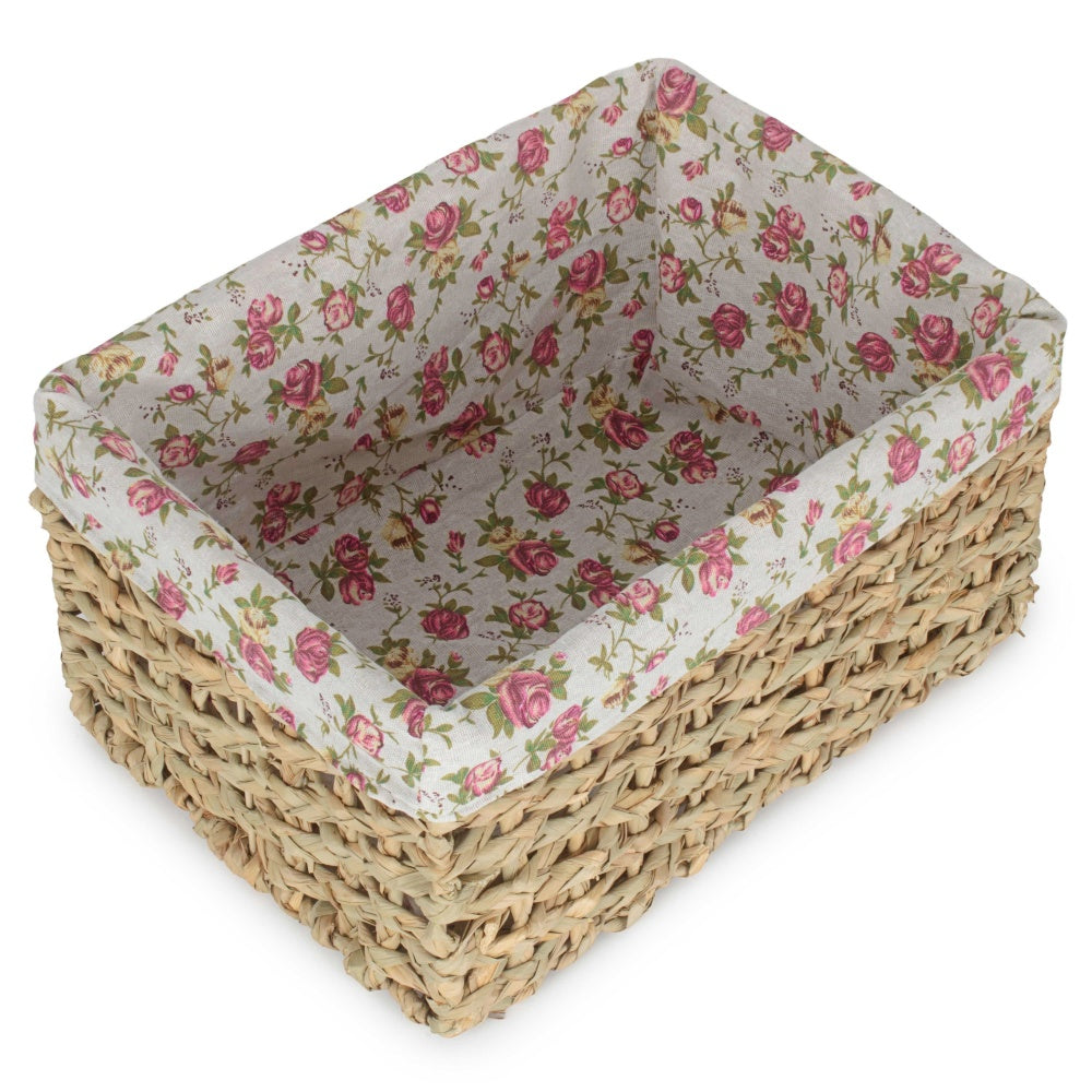 Red Hamper Thatch Grass Woven Storage Basket with Garden Rose Cotton Lining