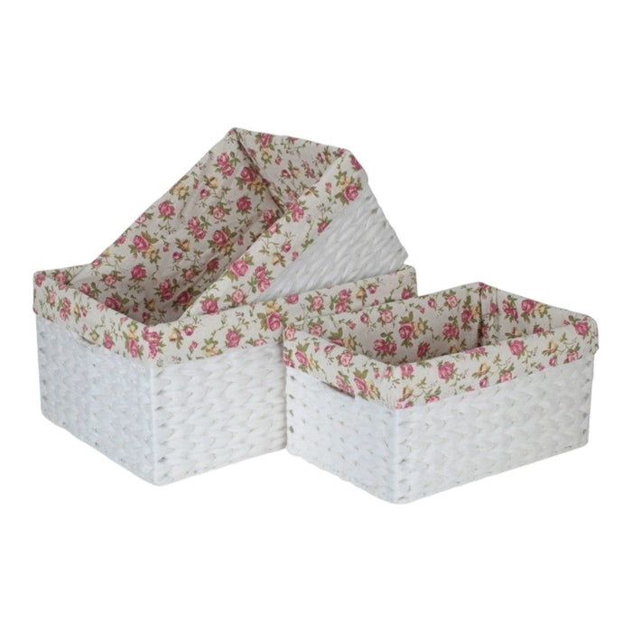 Red Hamper White Paper Rope Rectangular Storage Basket with Garden Rose Cotton Lining