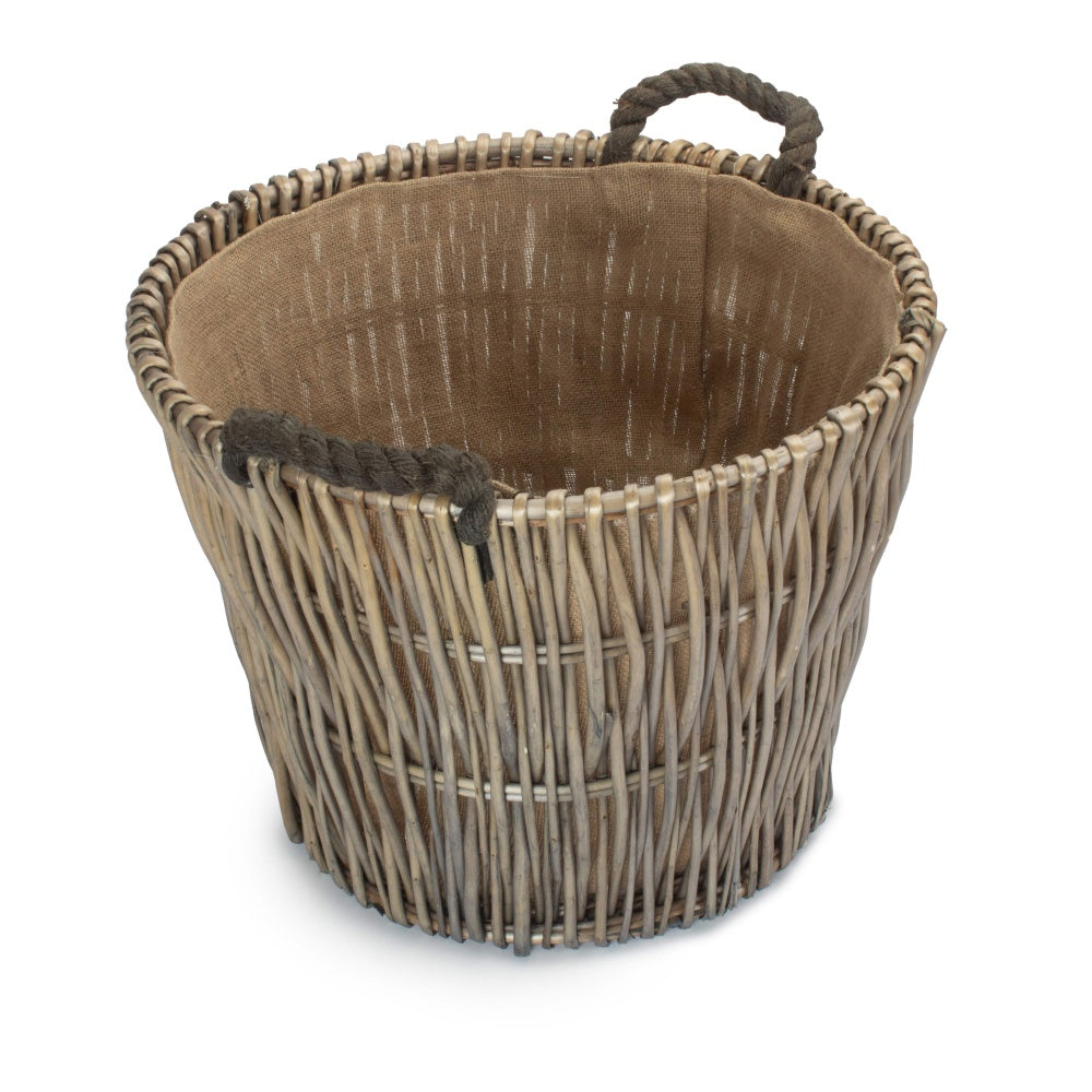 Red Hamper Round Grey Hessian Lined Wicker Log Basket