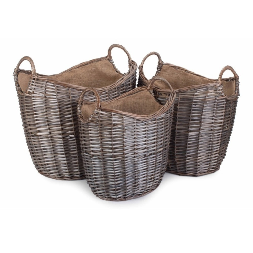 Red Hamper Scoop Neck Antique Wash Hessian Lined Wicker Log Basket