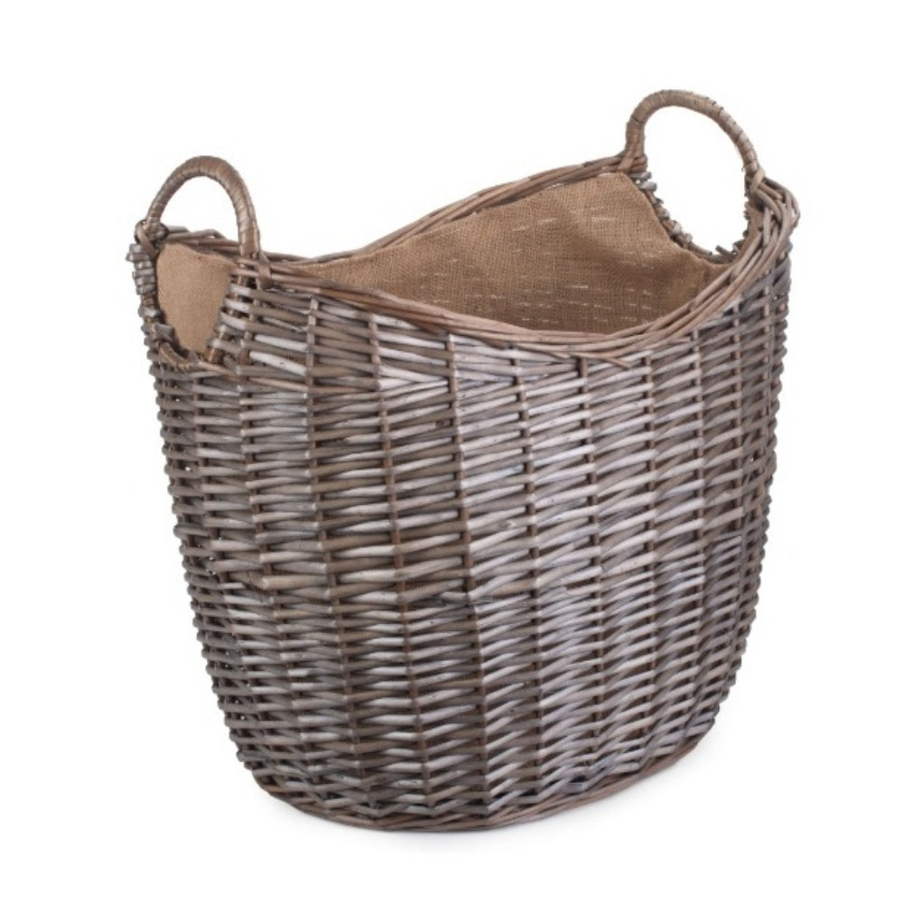 Red Hamper Scoop Neck Antique Wash Hessian Lined Wicker Log Basket