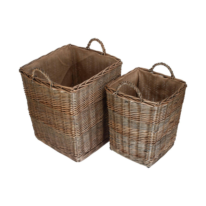 Tall Square Lined Wicker Log Basket With Hessian Lining