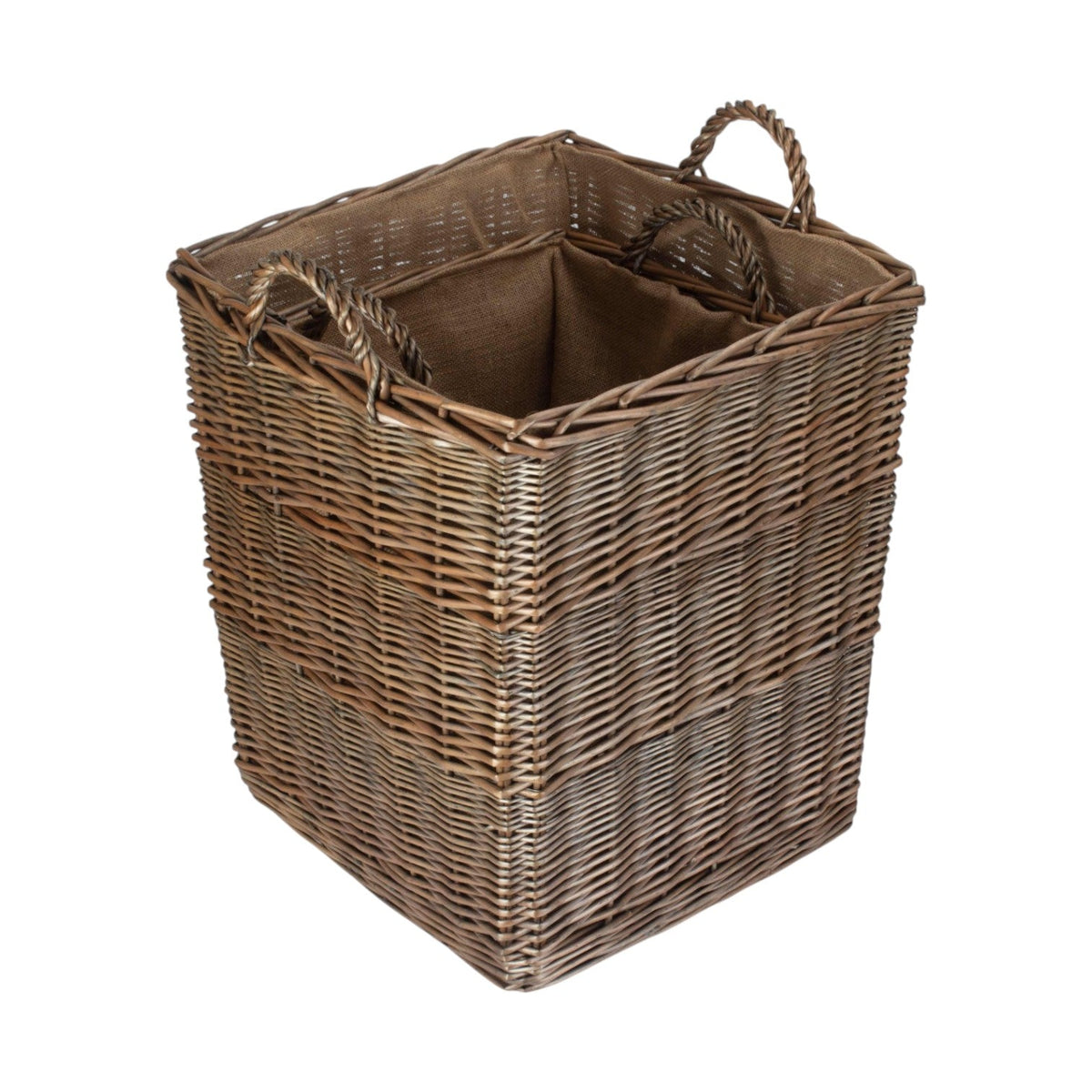 Tall Square Lined Wicker Log Basket With Hessian Lining