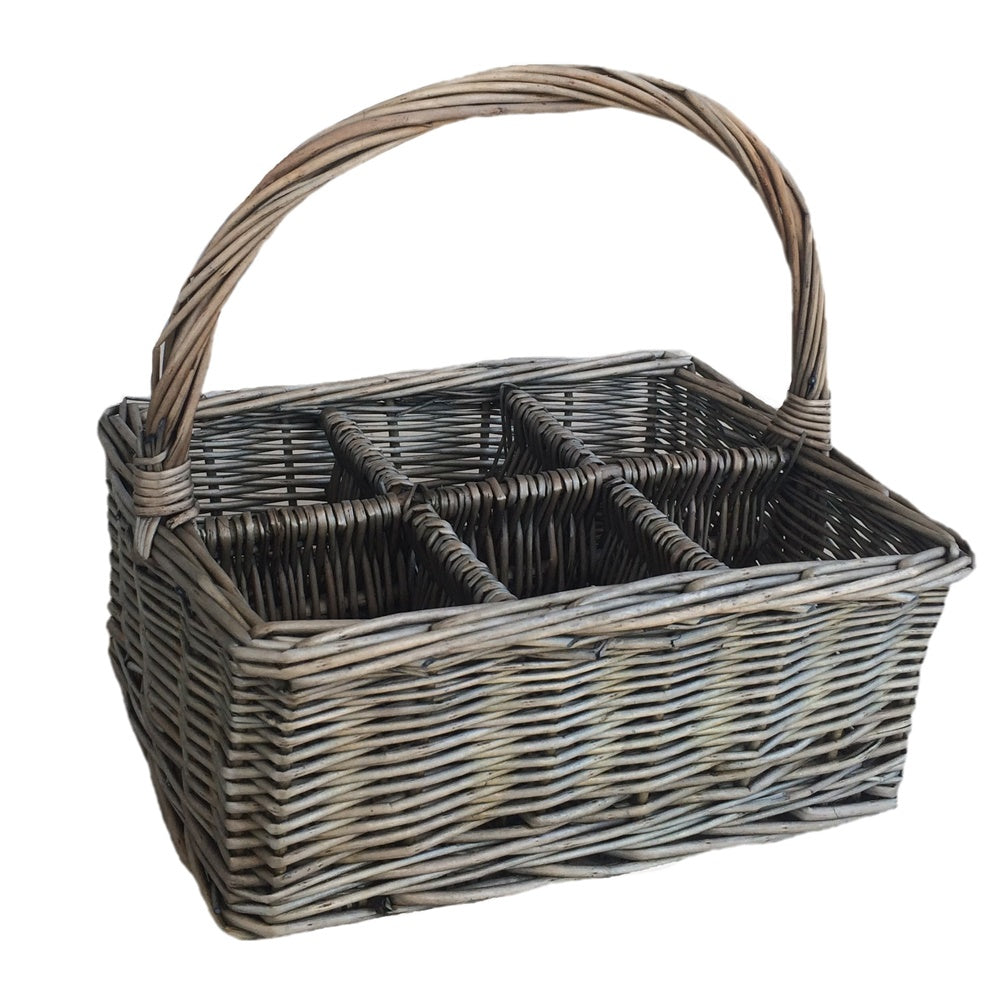 Antique Wash Rectangular 6 Section Cutlery Wicker Basket