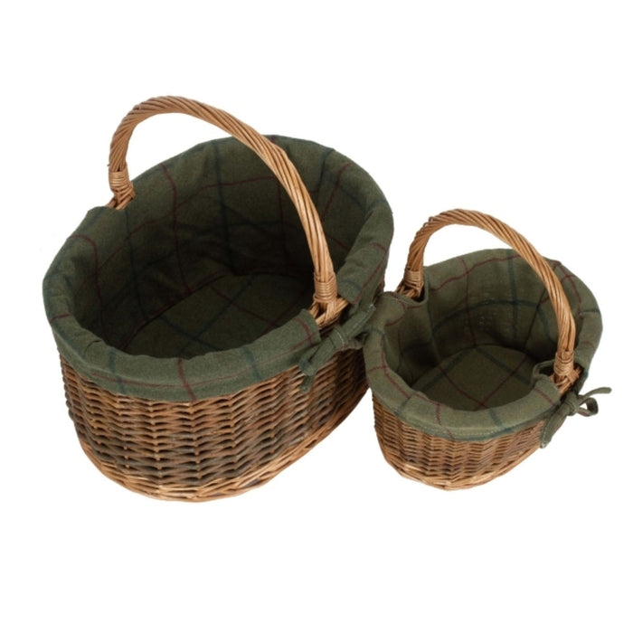 The Willow Basket Green Tweed Lined Country Oval Wicker Shopping Basket
