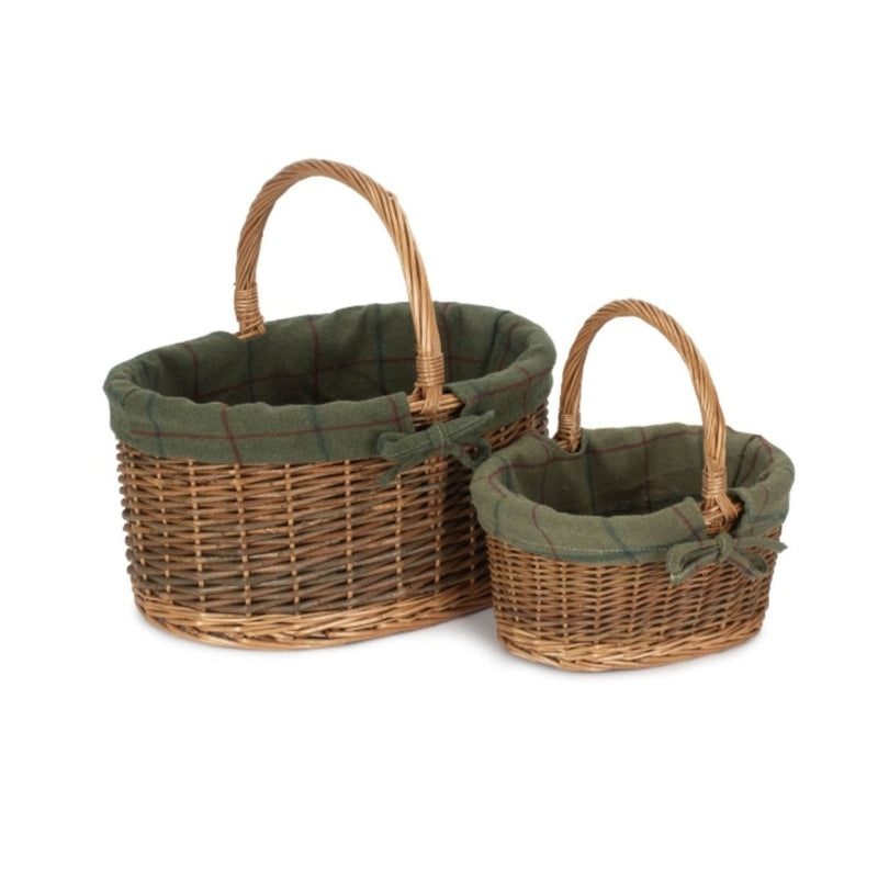 Green Tweed Lined Country Oval Wicker Shopping Basket