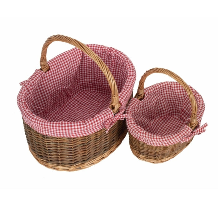 The Willow Basket Red Checked Lined Country Oval Wicker Shopping Basket