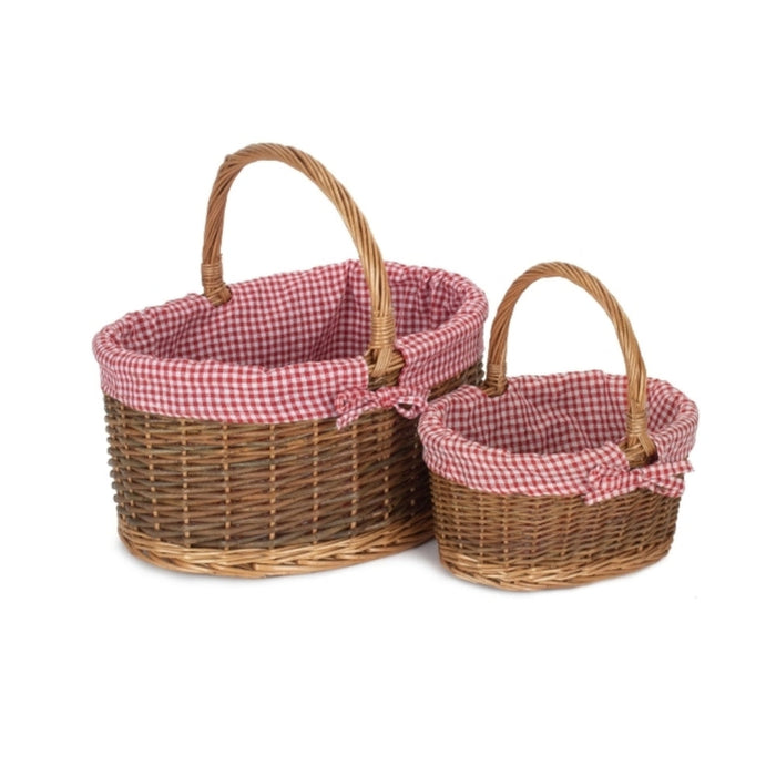The Willow Basket Red Checked Lined Country Oval Wicker Shopping Basket