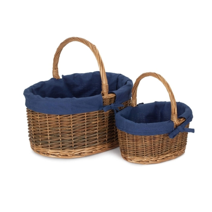 The Willow Basket Blue Lined Country Oval Wicker Shopping Basket