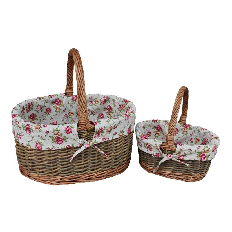 The Willow Basket Garden Rose Cotton Lined Country Oval Wicker Shopping Baskets