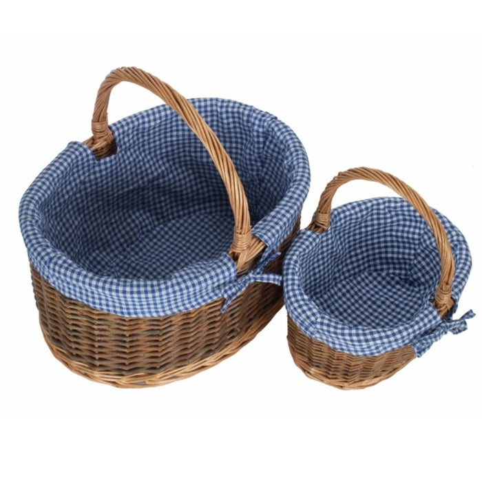 The Willow Basket Blue Checked Lined Country Oval Wicker Shopping Basket