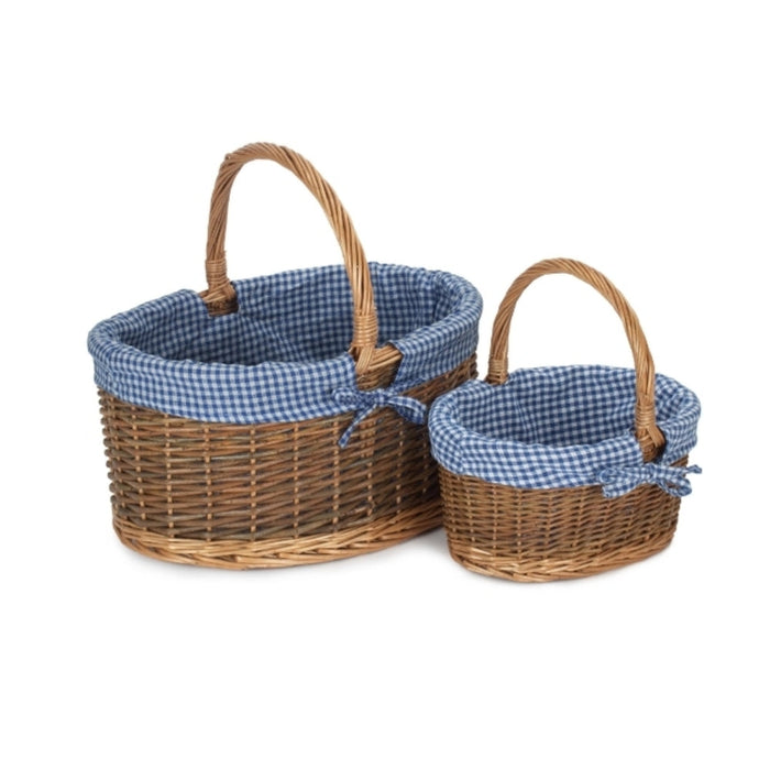 The Willow Basket Blue Checked Lined Country Oval Wicker Shopping Basket