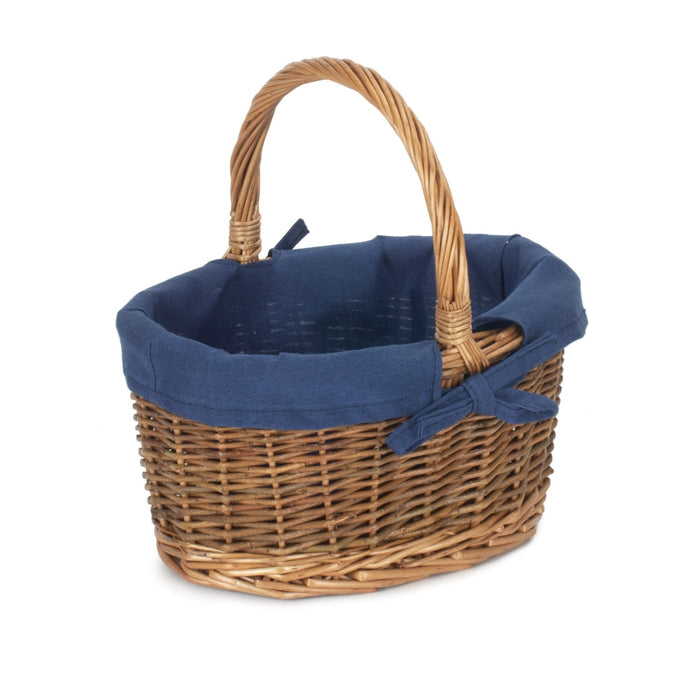 The Willow Basket Blue Lined Country Oval Wicker Shopping Basket