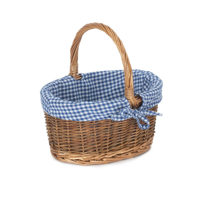 The Willow Basket Blue Checked Lined Country Oval Wicker Shopping Basket