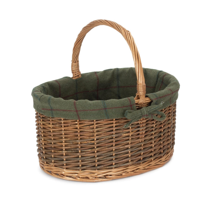 The Willow Basket Green Tweed Lined Country Oval Wicker Shopping Basket