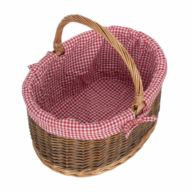 Red Checked Lined Country Oval Wicker Shopping Basket