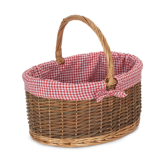The Willow Basket Red Checked Lined Country Oval Wicker Shopping Basket