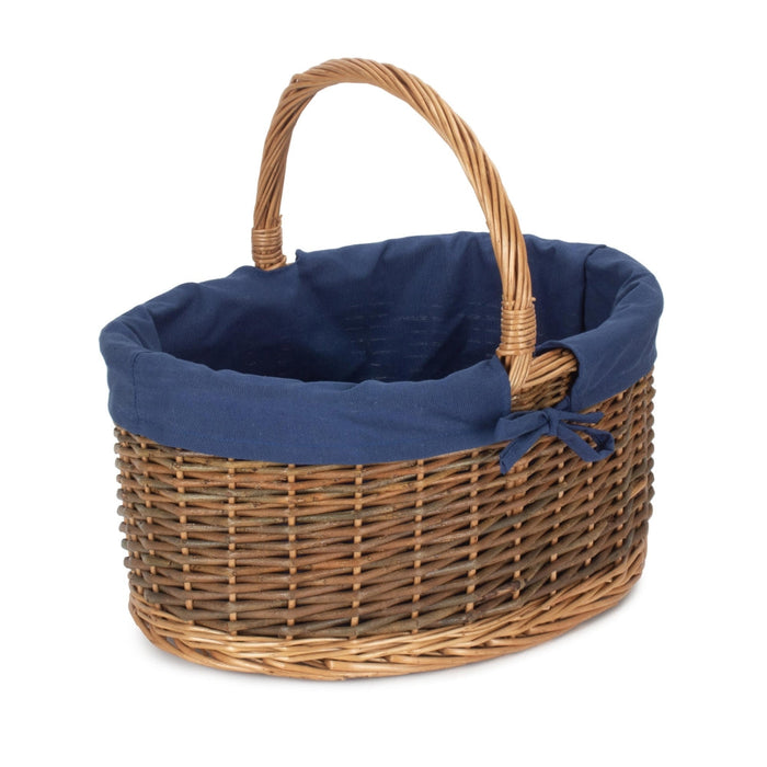 The Willow Basket Blue Lined Country Oval Wicker Shopping Basket