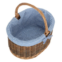 The Willow Basket Blue Checked Lined Country Oval Wicker Shopping Basket