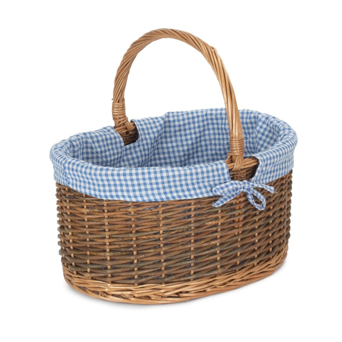 The Willow Basket Blue Checked Lined Country Oval Wicker Shopping Basket