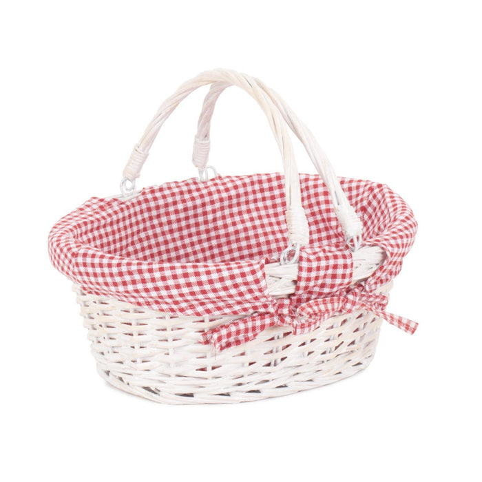 The Willow Basket White Swing Handle Wicker Shopper with Red and White Checked Lining