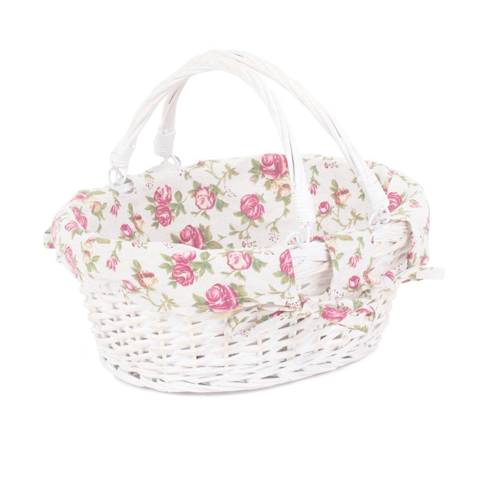 The Willow Basket White Swing Handle Wicker Shopper with Garden Rose Lining