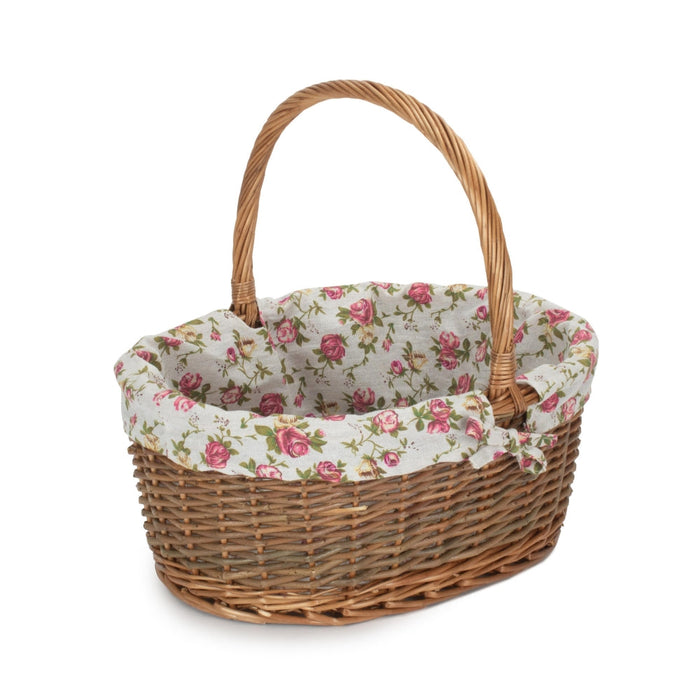The Willow Basket Oval Unpeeled Willow Shopping Basket With Garden Rose Lining