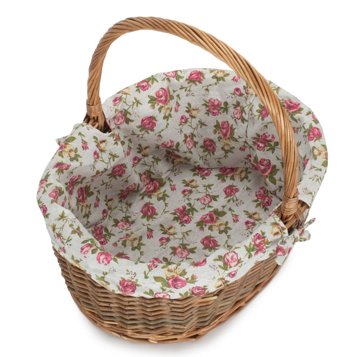 The Willow Basket Oval Unpeeled Willow Shopping Basket With Garden Rose Lining
