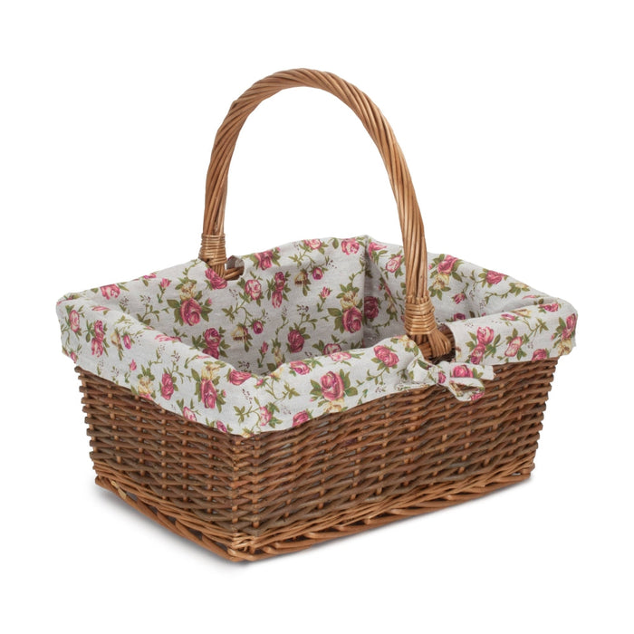 The Willow Basket Rectangular Unpeeled Willow Shopping Basket With Garden Rose Lining
