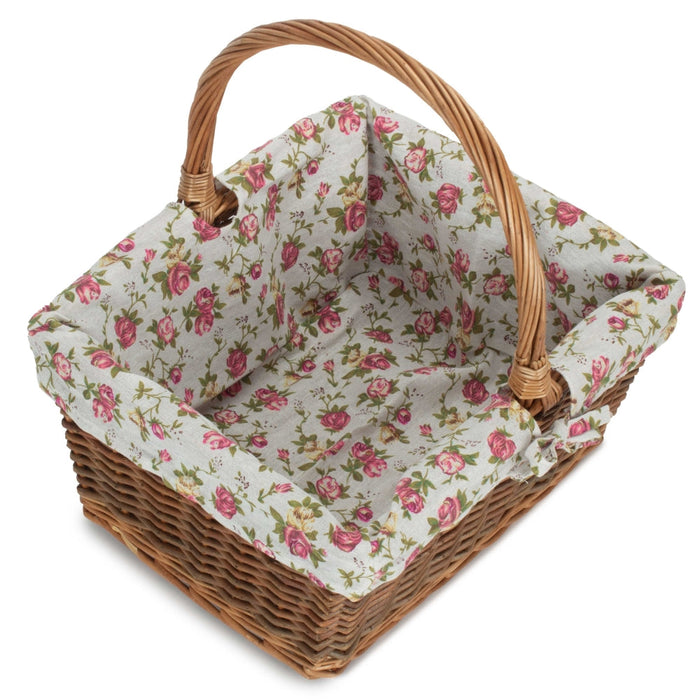 The Willow Basket Rectangular Unpeeled Willow Shopping Basket With Garden Rose Lining