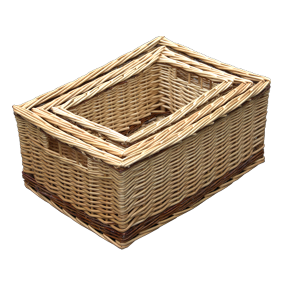 Set of 3 Buff Storage Wicker Baskets with Rustic Stripe