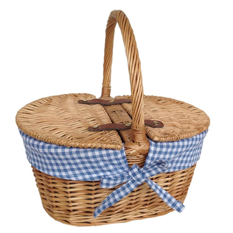 Child's Lined Oval Lidded Buff Wicker Picnic Basket