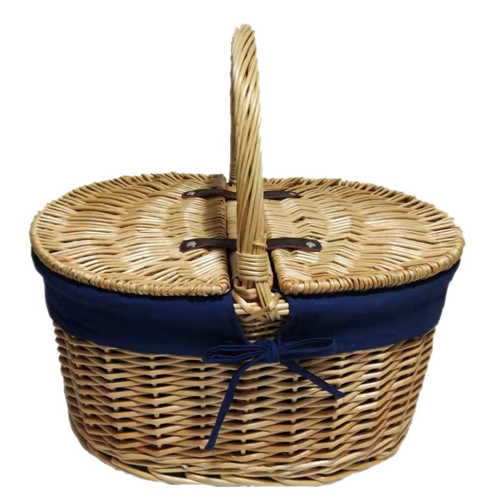 The Willow Basket Oval Lidded Picnic Shopping Basket With Navy Blue Lining
