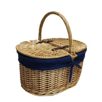 Oval Lidded Picnic Shopping Basket With Navy Blue Lining