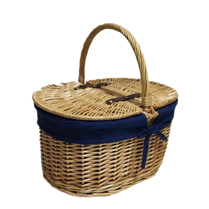 The Willow Basket Oval Lidded Picnic Shopping Basket With Navy Blue Lining