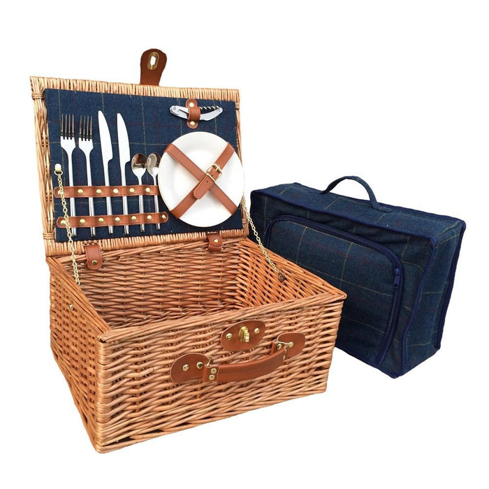 The Willow Basket Blue Tweed Fitted Wicker Picnic Basket