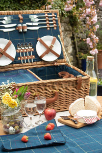 The Willow Basket Blue Tweed Fitted Wicker Picnic Basket