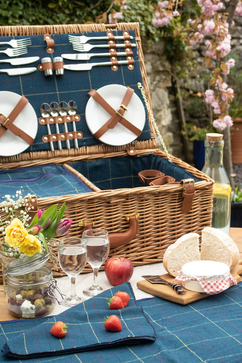 The Willow Basket Blue Tweed Fitted Wicker Picnic Basket