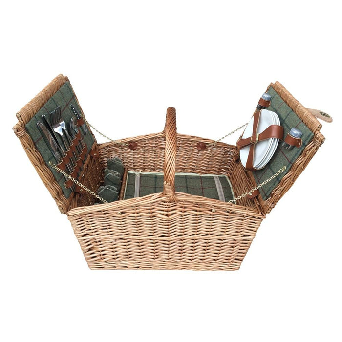 4 Person Green Tweed Double Lidded Fitted Wicker Picnic Basket